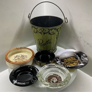 Vintage Butts bucket and five ashtrays